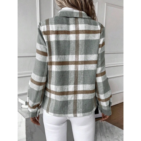 gray tan Plaid Print Zip Up stand collar preppy - Picture 2 of 5
